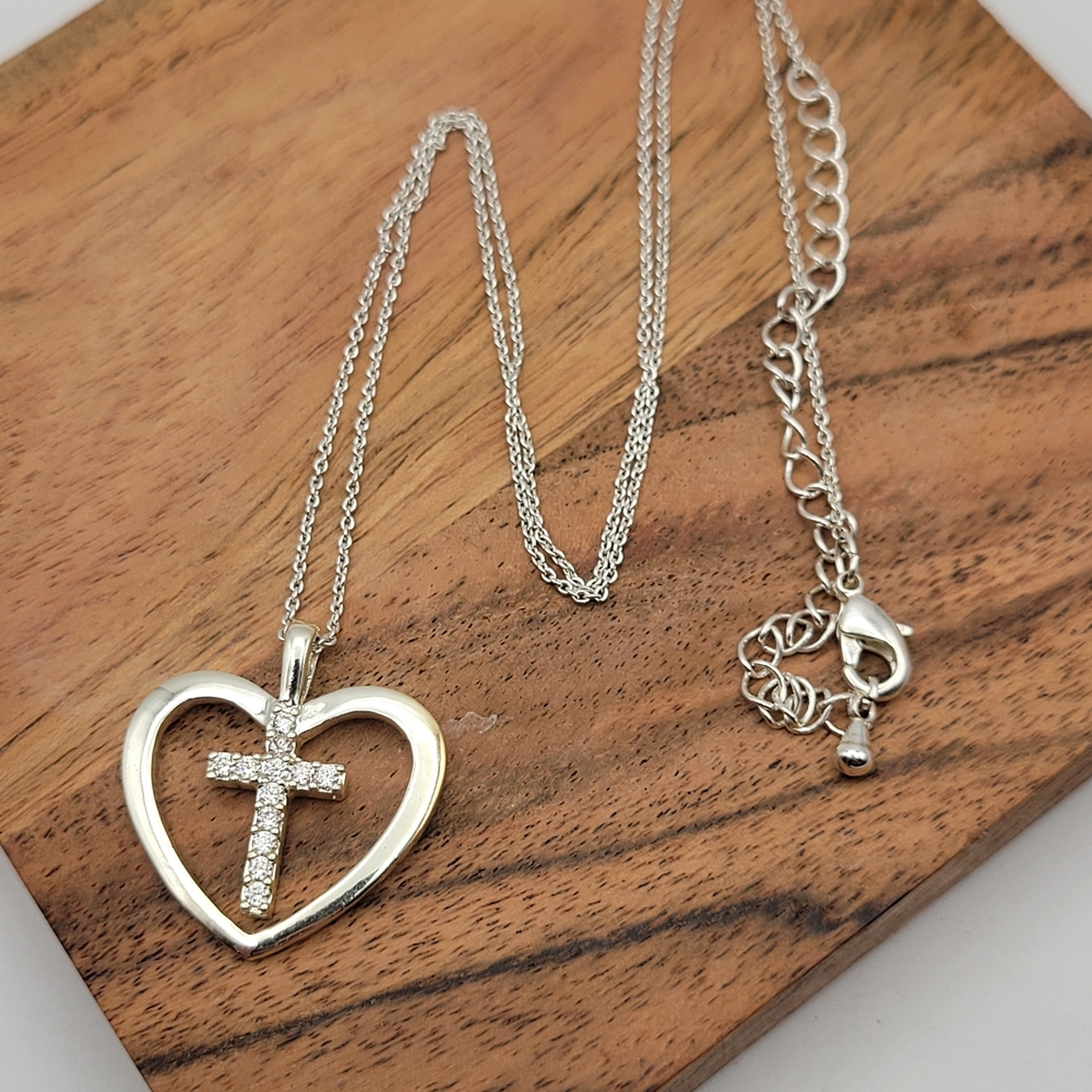 Silver Heart Pendant Necklace with Cross and Rhinestones 18"